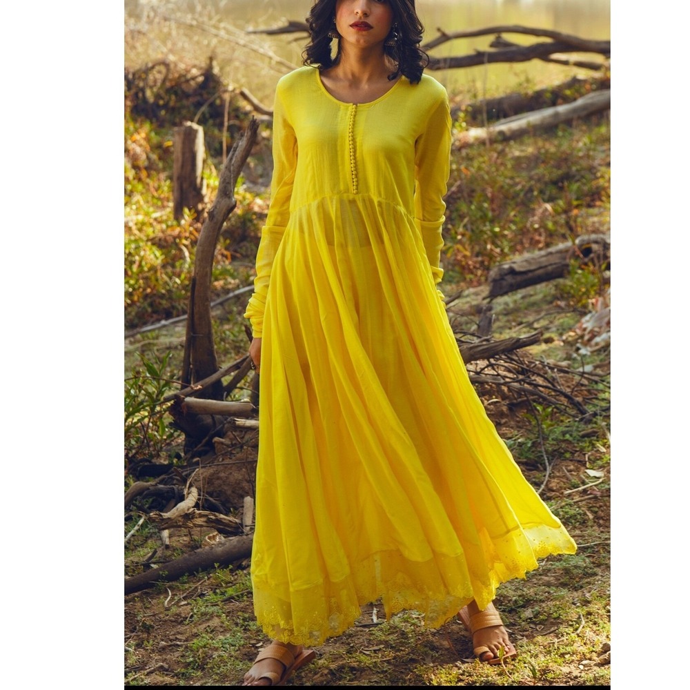 Paulmi & Harsh Anarkali Dress XS Yellow Cotton Silk Embroidered Long Sleeve
